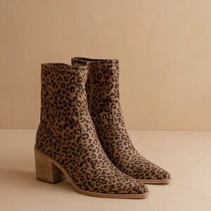Leopard Print Block Heel Ankle Boots - Brown